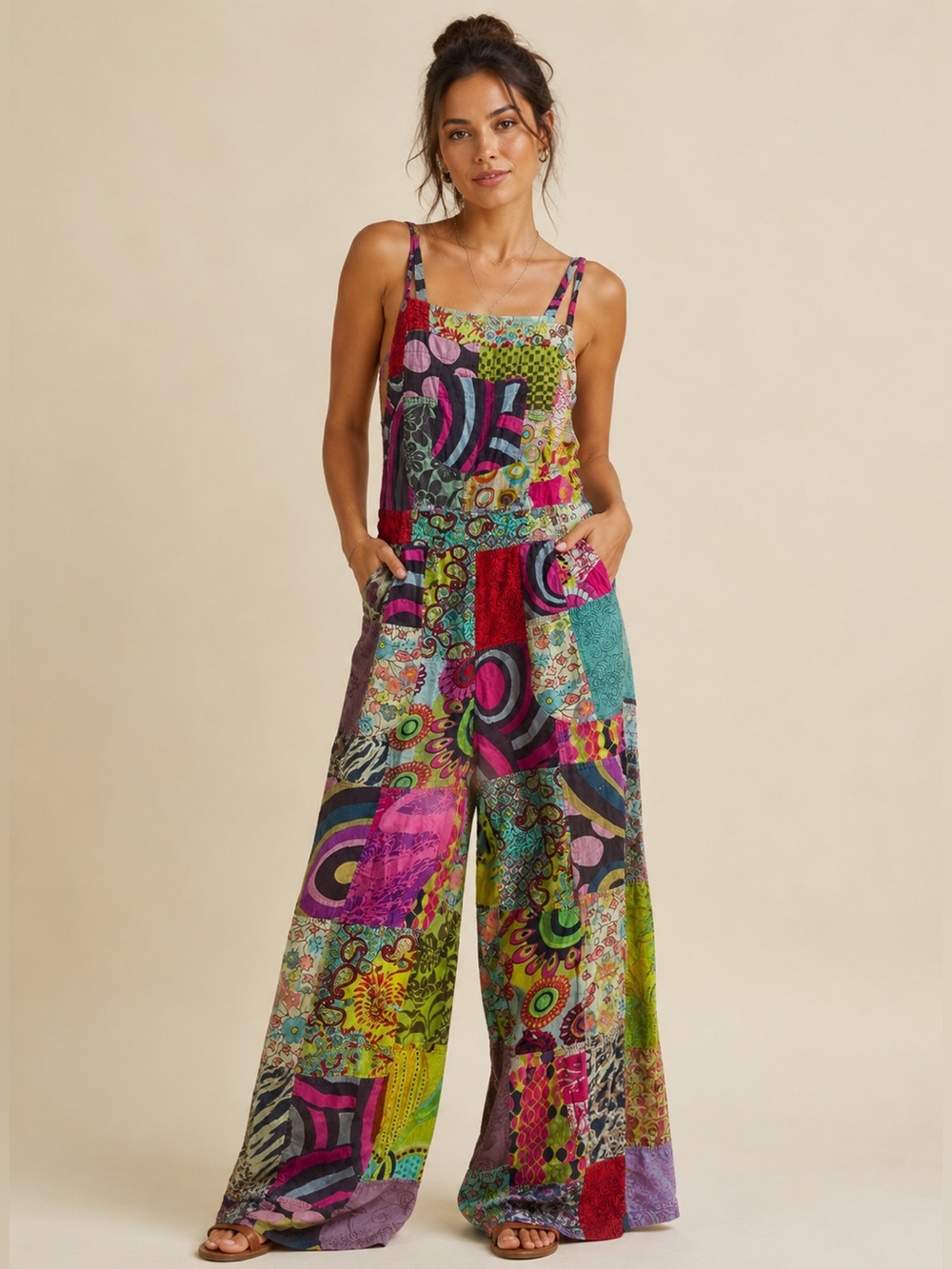 The Little Bazaar 100% Cotton Boho Patchwork Overall Jumpsuit, Size L/XL